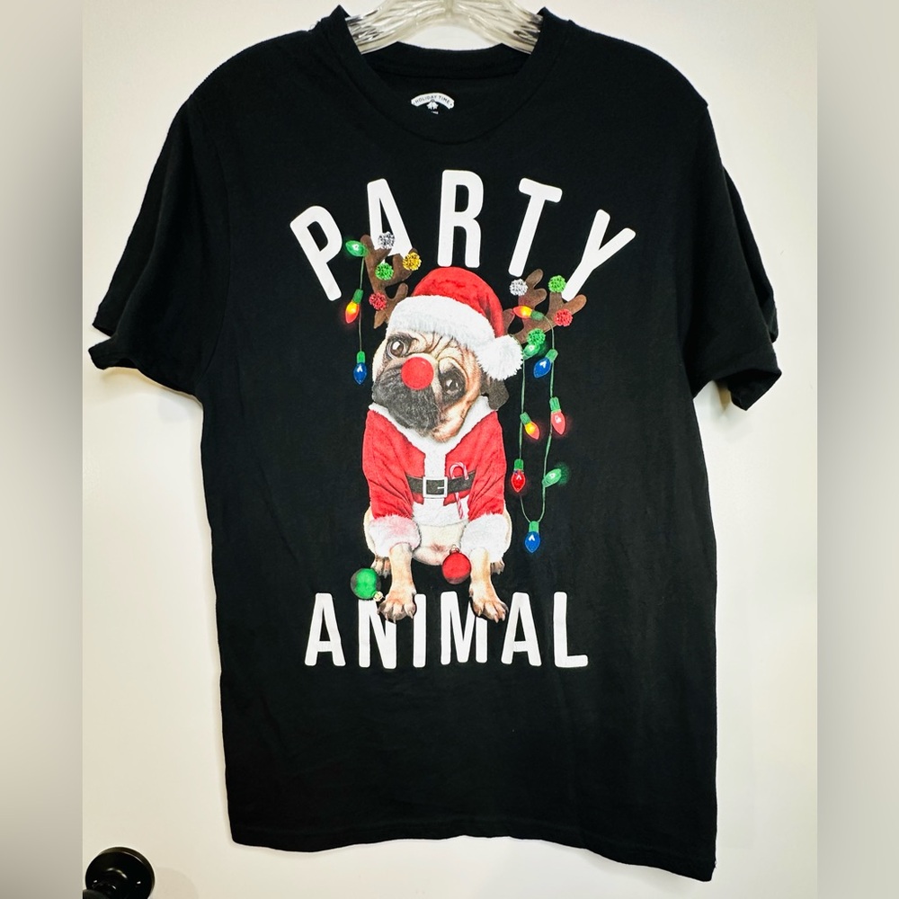 Holiday Time Party Animal Pug Dog Christmas Lights Santa Graphic T-shirt Black S
